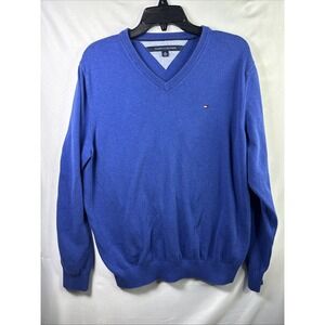 Tommy Hilfiger XL Jumper Mens Blue Designer V Neck Long Sleeve Men